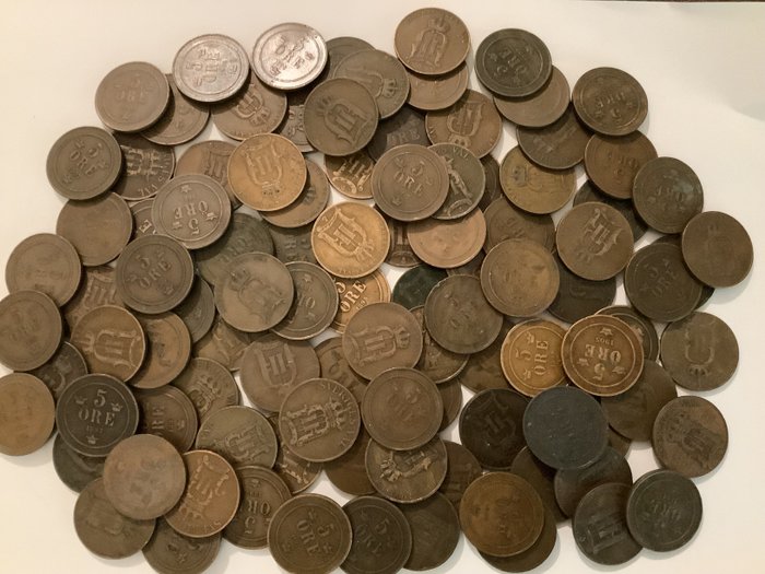 Sverige Oscar II (1872-1907) A Large Lot of 100 Old Rare Swedish coins 5 ore  1872-1907