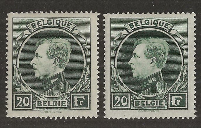 Belgien 1930 - Albert I type Montenez - 20F Grågrøn og Mørkegrøn - Mechelen print (t14 x 14½) - OBP/COB 290A en 290B