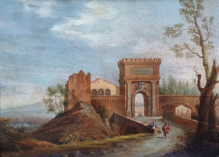 Faustino Joli (1814–1876), Attributed to - Veduta di un antico monastero con viandanti