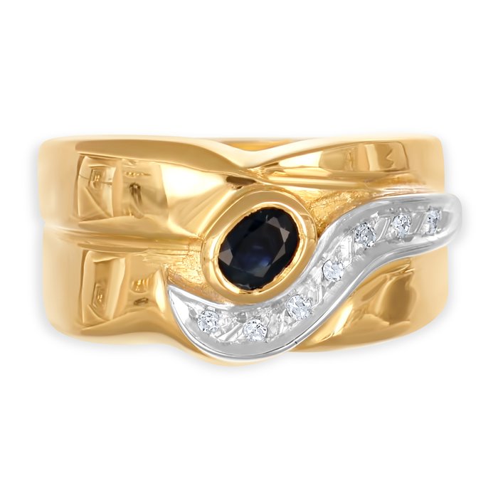 Ring - 18 kraat Gulguld, Hvidguld -  0.28ct. tw. Safir - Diamant