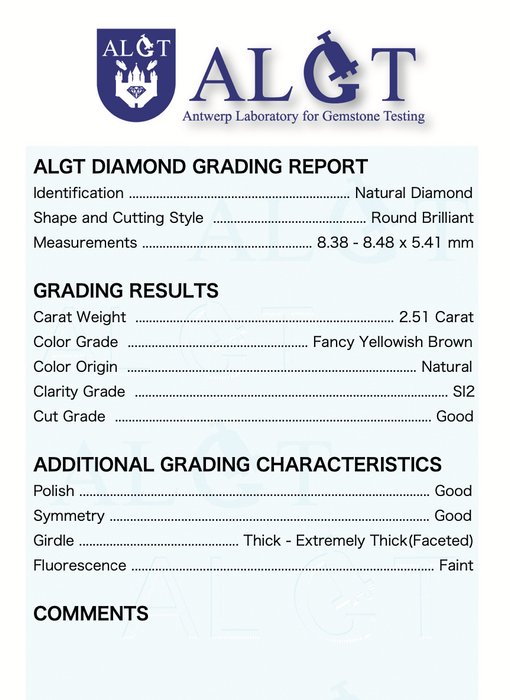 1 pcs Diamant  (Naturfarvet)  - 2.51 ct - Rund - Fancy Gullig Brun - SI2 - Antwerp Laboratory for Gemstone Testing (ALGT)