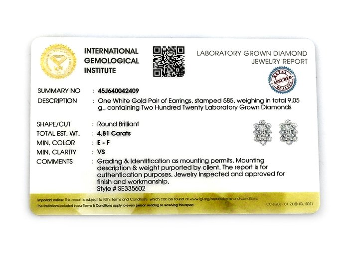 Øreringe - 14 karat Hvidguld -  4.81ct. tw. Diamant (Laboratoriedyrket)