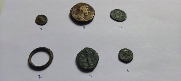 Romarriket. Lot of 6 Æ pieces incl.: As, Crispina (Augusta, AD 178-182)  Sestertius Marcus Aurelius (AD 161-180)  (Ingen mindstepris)