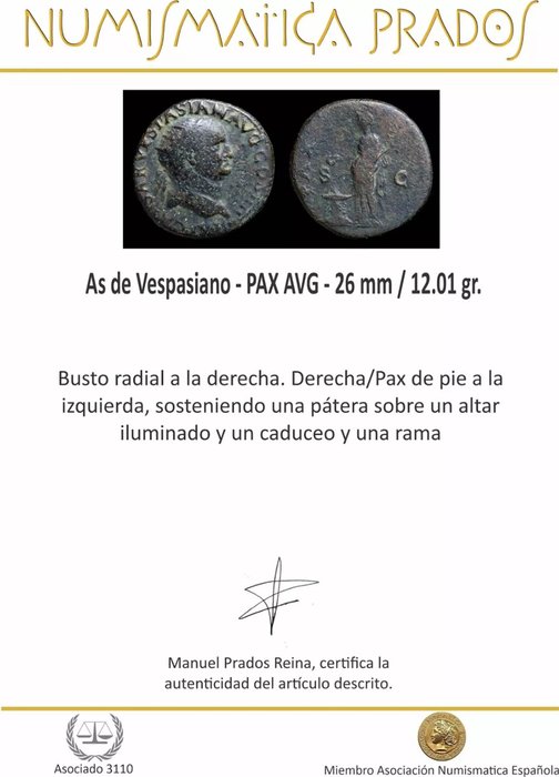 Romarriket. Vespasian (AD 69-79). Dupondius Roma - PAX AVG  (Ingen mindstepris)