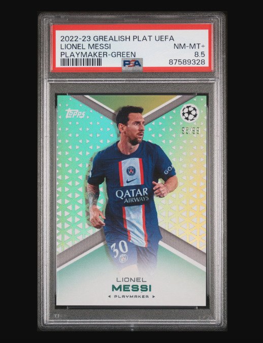 2022 Topps Grealish Plat UEFA Lionel Messi Playmaker Green /99 PSA 85 Graded card