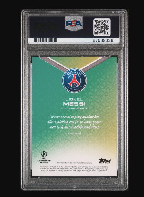 2022 Topps Grealish Plat UEFA Lionel Messi Playmaker Green /99 PSA 85 Graded card