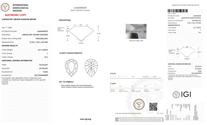 Kæde - 18 kraat Hvidguld -  3.01ct. tw. Diamant (Laboratoriedyrket) - Pære F-VS2