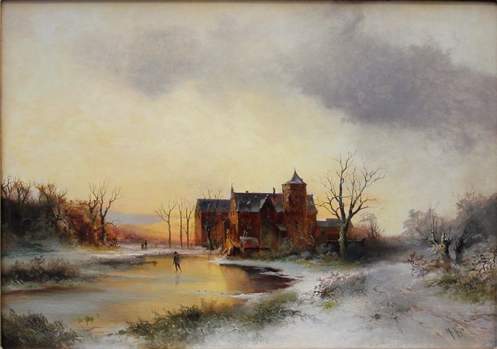 Dutch or German landscape painter around 1850s, monogrammed - Evening landscape with a castle on the frozen lake