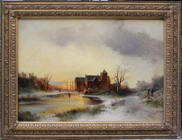 Dutch or German landscape painter around 1850s, monogrammed - Evening landscape with a castle on the frozen lake