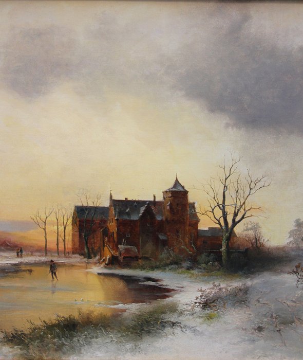 Dutch or German landscape painter around 1850s, monogrammed - Evening landscape with a castle on the frozen lake