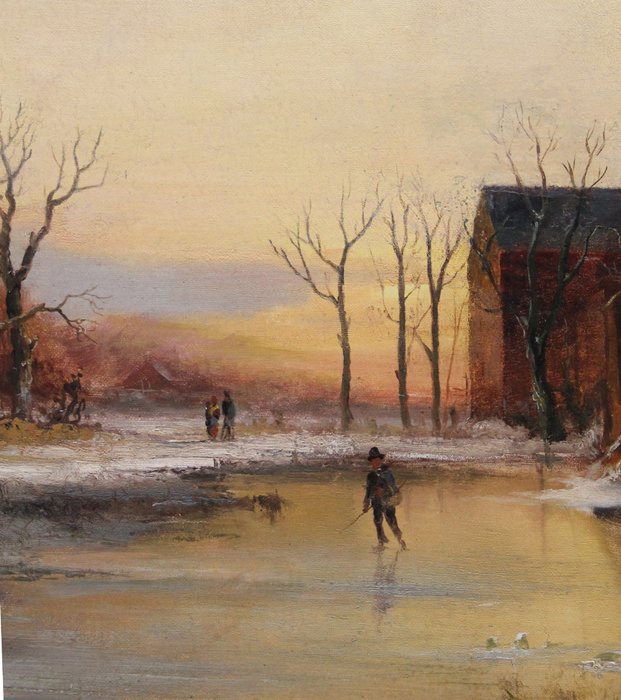 Dutch or German landscape painter around 1850s, monogrammed - Evening landscape with a castle on the frozen lake