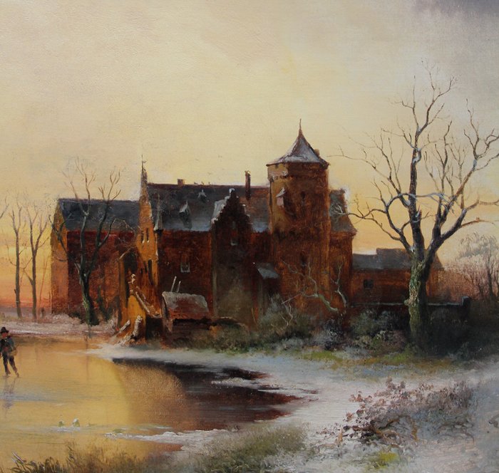 Dutch or German landscape painter around 1850s, monogrammed - Evening landscape with a castle on the frozen lake