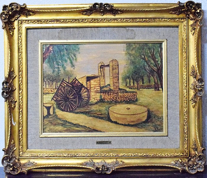 V. Ruiz (Spain, XX) - Rural scene with cart and well