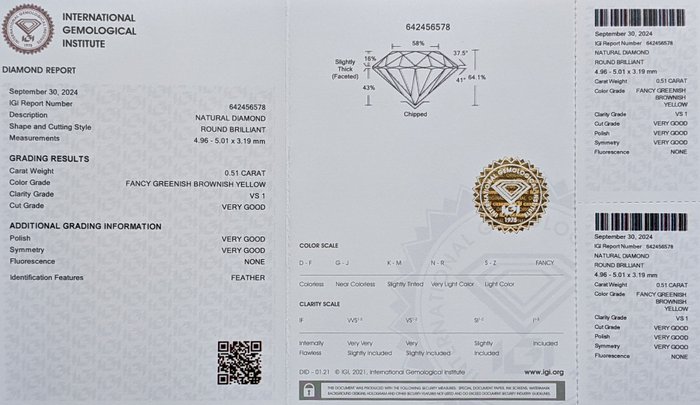 Ingen mindstepris - 1 pcs Diamant  (Naturfarvet)  - 0.51 ct - Rund - Fancy Brunlig, Grønlig Gul - VS1 - International Gemological Institute (IGI)