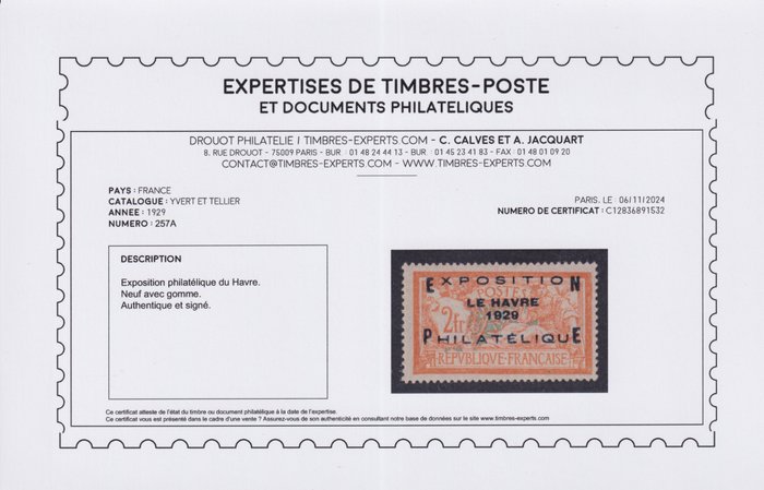 Frankrig 1929 - nr. 257A, Le Havre Philatelic Expo, Mint * signeret og certificeret af Calves. - Yvert