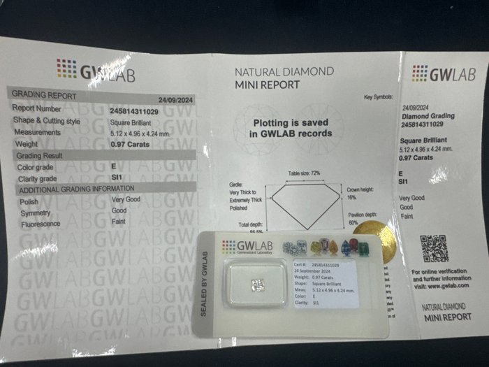 1 pcs Diamant  (Natur)  - 0.97 ct - Kvadrat - E - SI1 - Gemewizard Gemological Laboratory (GWLab)