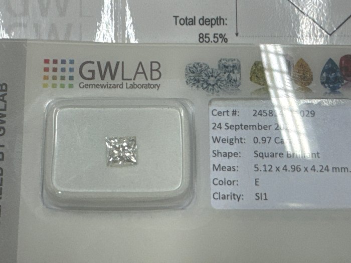 1 pcs Diamant  (Natur)  - 0.97 ct - Kvadrat - E - SI1 - Gemewizard Gemological Laboratory (GWLab)