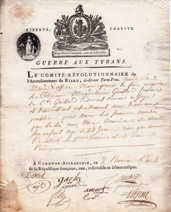 [Révolution Française - Terreur] Comité Révolutionnaire Commune-Affranchie (Lyon) - Certificat manuscrit signé à la Citoyenne Guillard [mère nourricière] - 1794