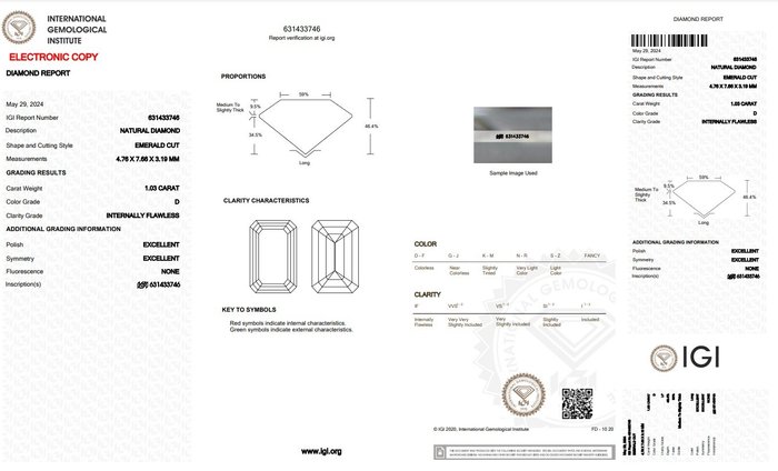 1 pcs Diamant  (Natur)  - 103 ct - D (farveløs) - IF - International Gemological Institute (IGI)