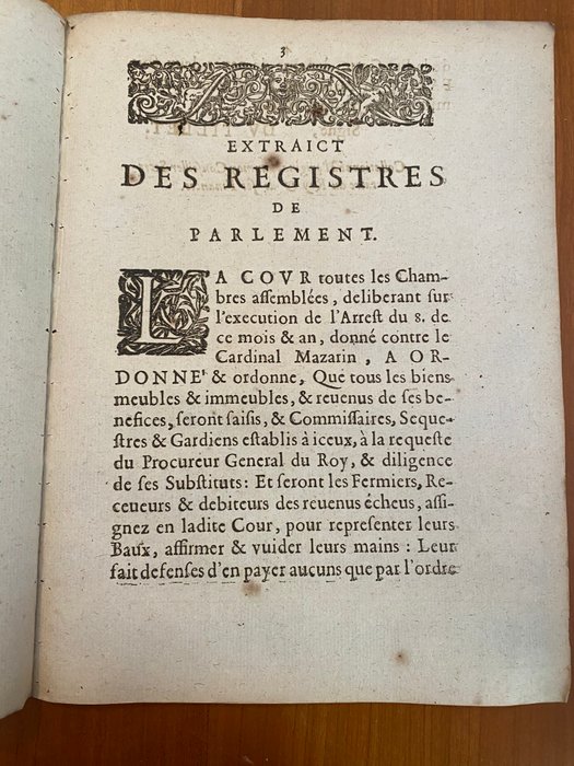 Tous les biens meubles  immeubles  revenus des Bénéfices du Cardinal Mazarin seront saisis - 1649-1649