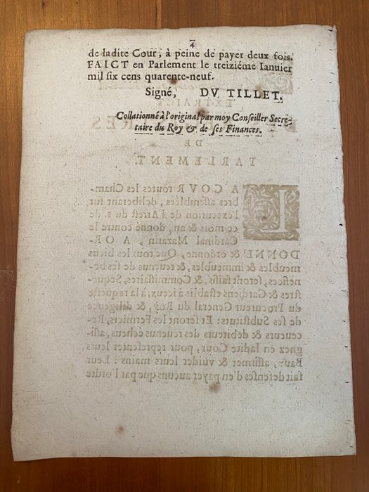 Tous les biens meubles  immeubles  revenus des Bénéfices du Cardinal Mazarin seront saisis - 1649-1649