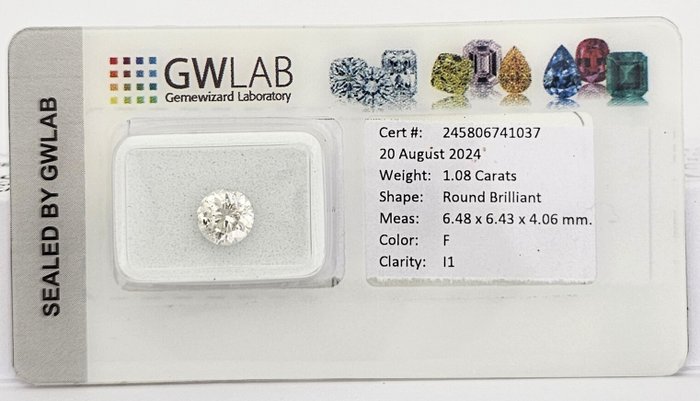 1 pcs Diamant  (Natur)  - 1.08 ct - Rund - F - I1 - Gemewizard Gemological Laboratory (GWLab)