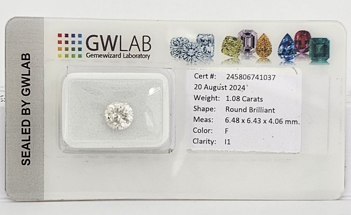 1 pcs Diamant  (Natur)  - 1.08 ct - Rund - F - I1 - Gemewizard Gemological Laboratory (GWLab)