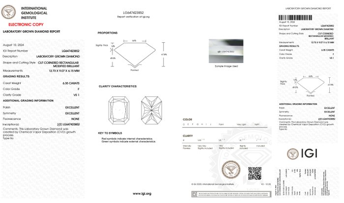 Ring - 18 kraat Hvidguld -  6.35ct. tw. Diamant (Laboratoriedyrket) - Radiant F-VS1