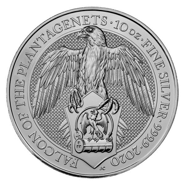 Storbritannien. 2020 10 oz £10 GBP UK Silver Queen's Beasts Falcon of the Plantagenets Coin BU (In Capsule)