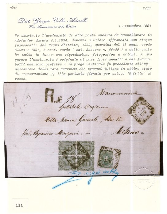 Italien Kongerige 1889 - anbefalet brev fra 1894 med 5 øre og kvad 45 øre Umberto I - Sassone NN. 44, 46