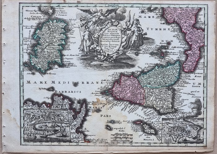 Italien - Kort; Matthäus Seutter (1678 – 1757) - Carta Geografica "Sud Italia" - Siciliae Regnum insula Sardinia e parte del Regno Neapolitani - 1751-1760