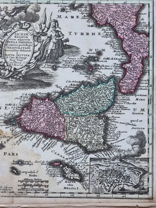 Italien - Kort; Matthäus Seutter (1678 – 1757) - Carta Geografica "Sud Italia" - Siciliae Regnum insula Sardinia e parte del Regno Neapolitani - 1751-1760