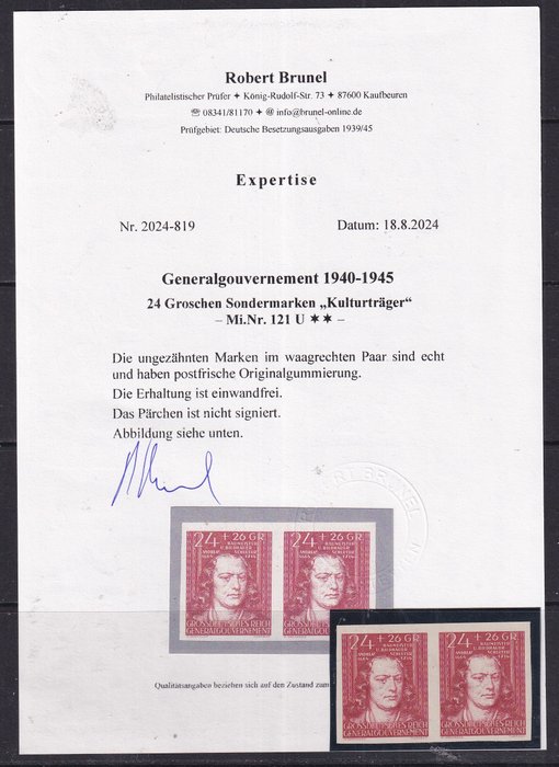 Generalgouvernement 1944 - Uforskammet par. CERTIFIKAT: R.Brunel. - Michel:121 U