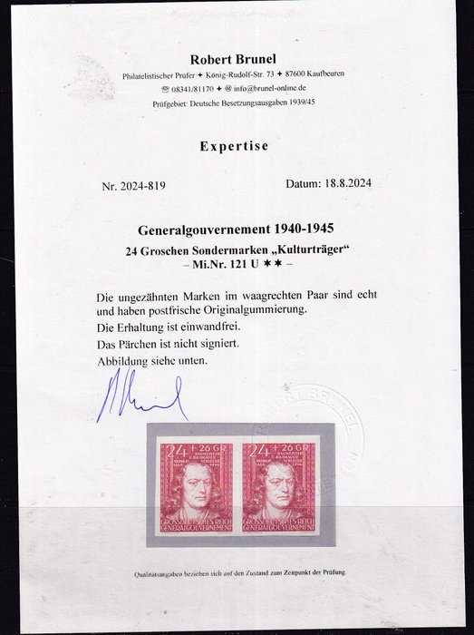 Generalgouvernement 1944 - Uforskammet par. CERTIFIKAT: R.Brunel. - Michel:121 U