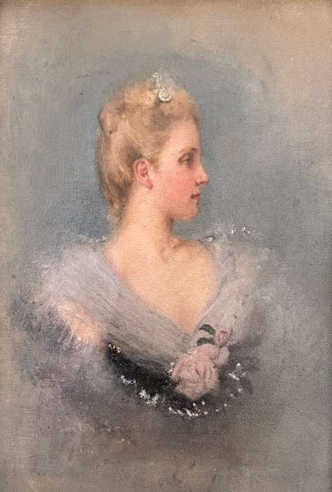 Gaston Linden (1861-1940) - A bust length portrait of a beautiful young lady in her lilac dress