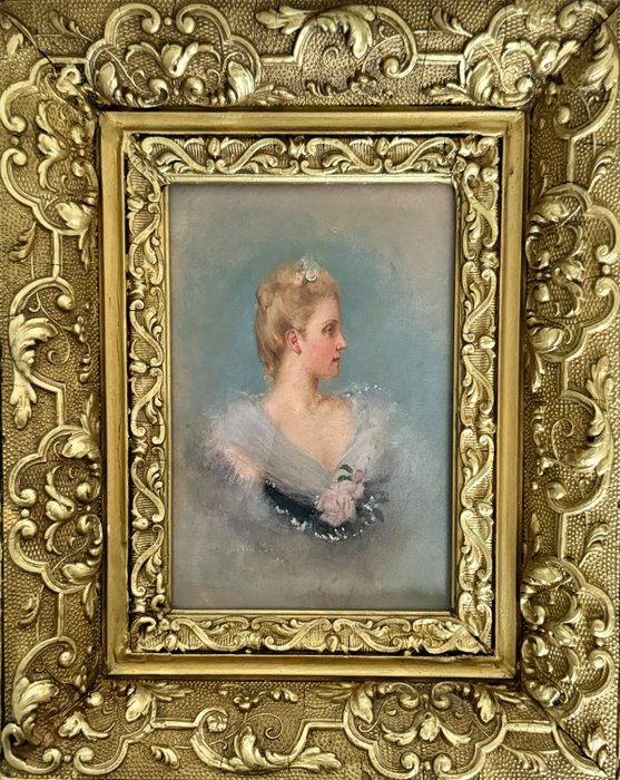 Gaston Linden (1861-1940) - A bust length portrait of a beautiful young lady in her lilac dress