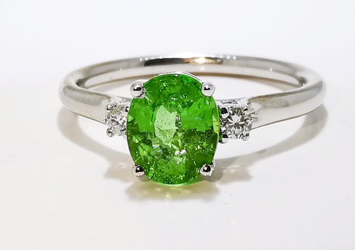 Ring - 18 kraat Hvidguld Tsavorite Intense Green 129ct Tsavorit - Diamant