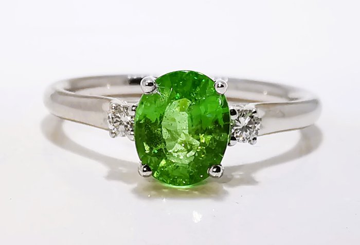 Ring - 18 kraat Hvidguld Tsavorite Intense Green 129ct Tsavorit - Diamant