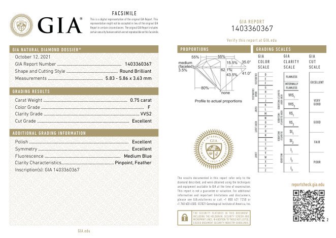 1 pcs Diamant  (Natur)  - 0.75 ct - Rund - F - VVS2 - Gemological Institute of America (GIA)