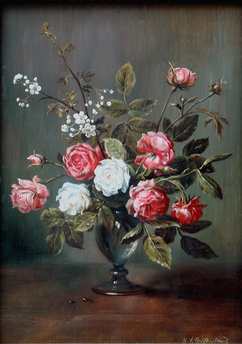 H. Klaffenboch (XX) - Glass vase with roses