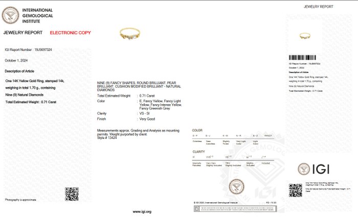 Ingen mindstepris - Ring - 14 karat Gulguld -  0.71ct. tw. Blandede farver Diamant (Naturfarvet) - IGI