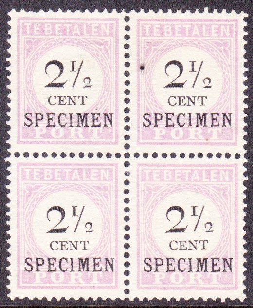 Surinam 1892 - 2,5 cent frimærke i blok af 4 med overtryk SPECIMEN