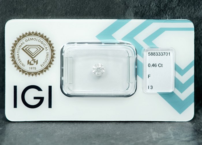 1 pcs Diamant  (Natur)  - 0.46 ct - Rund - F - I3 - International Gemological Institute (IGI)