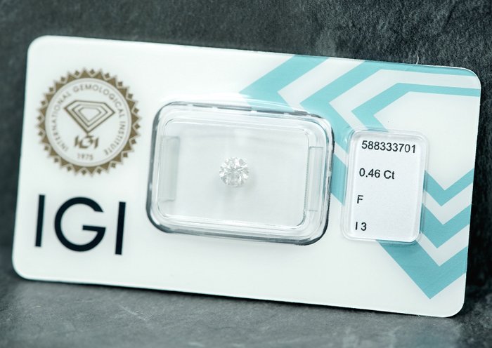 1 pcs Diamant  (Natur)  - 0.46 ct - Rund - F - I3 - International Gemological Institute (IGI)