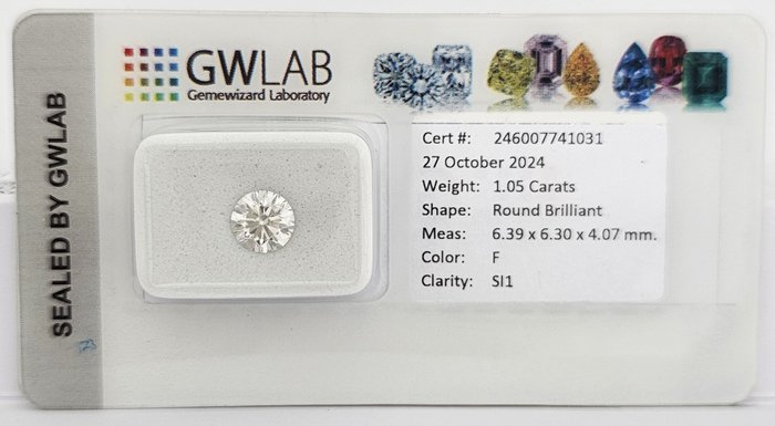 1 pcs Diamant  (Natur)  - 1.05 ct - Rund - F - SI1 - Gemewizard Gemological Laboratory (GWLab)