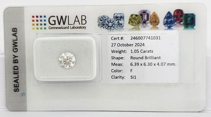 1 pcs Diamant  (Natur)  - 1.05 ct - Rund - F - SI1 - Gemewizard Gemological Laboratory (GWLab)