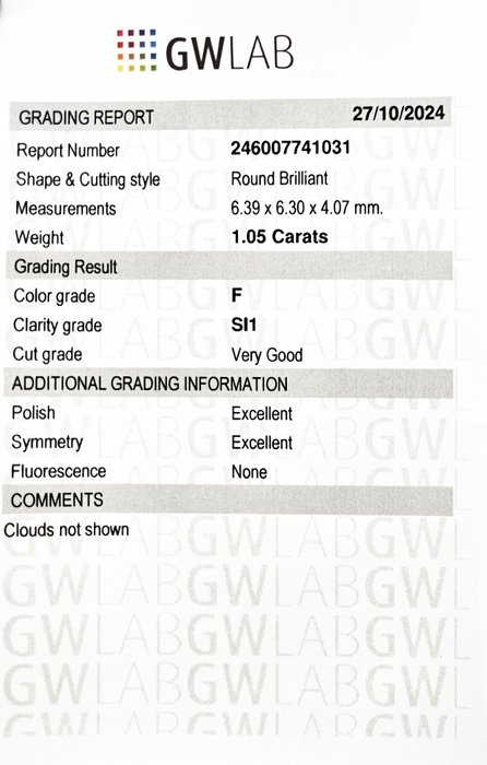 1 pcs Diamant  (Natur)  - 1.05 ct - Rund - F - SI1 - Gemewizard Gemological Laboratory (GWLab)