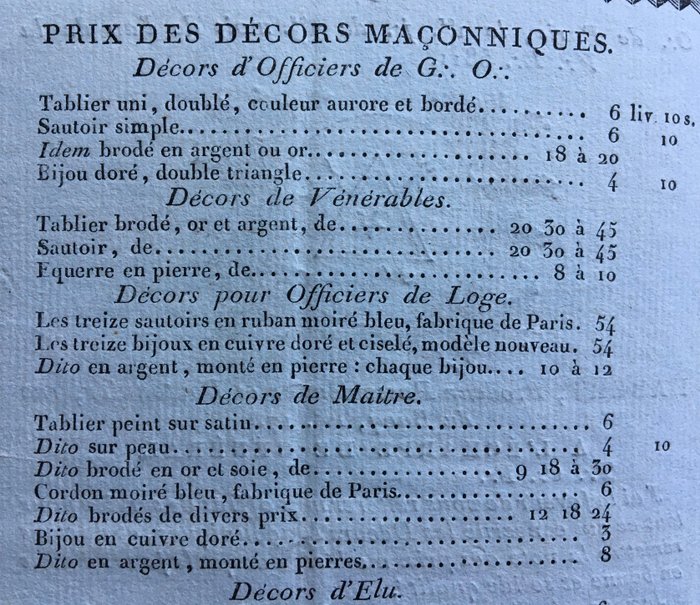 Habert - Habert Brodeur Passementier et Boutonnier  - Liste de prix des décors Maçonniques - 1811