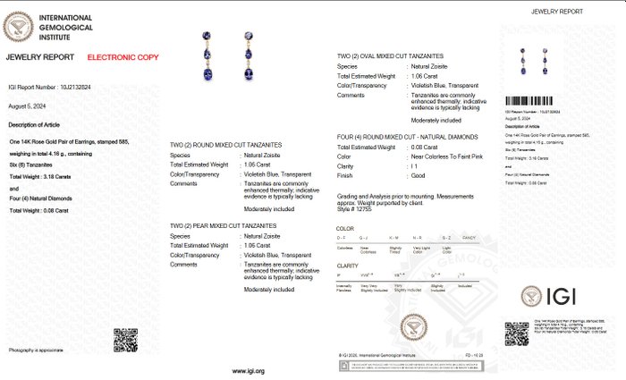 Ingen mindstepris - Øreringe - 14 karat Rosaguld -  326ct tw Tanzanit - Diamant - Pink- IGI