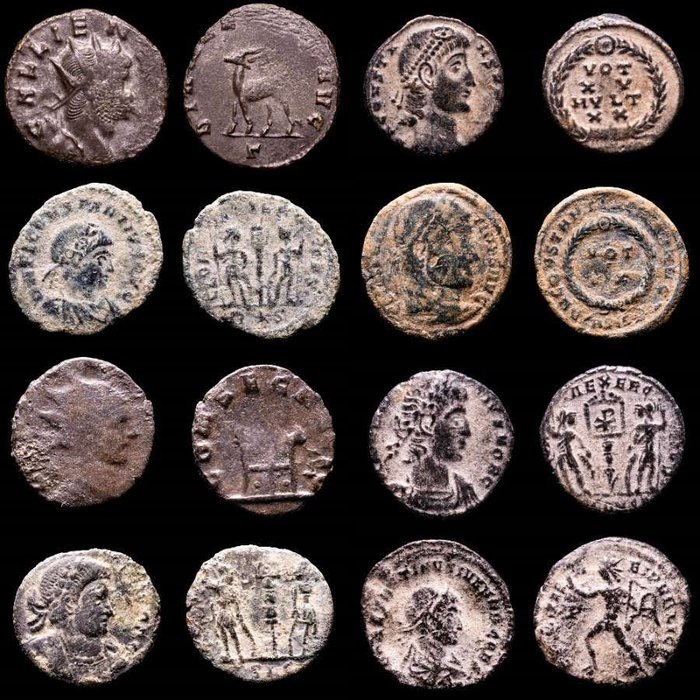 Romarriket. Lot comprising eight (8) coins: III-IV centuries AD.. Antoninianus, Follis, Maiorinas. Gallienus, Constans (2), Constantine I, Constantius II (2), Claudius II  Constantine II  (Ingen mindstepris)